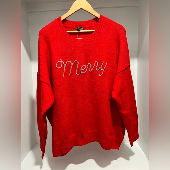 Vince Camuto red with Silver beaded “Merry” Holiday Sweater NWT Large and XL - Picture 4 of 13